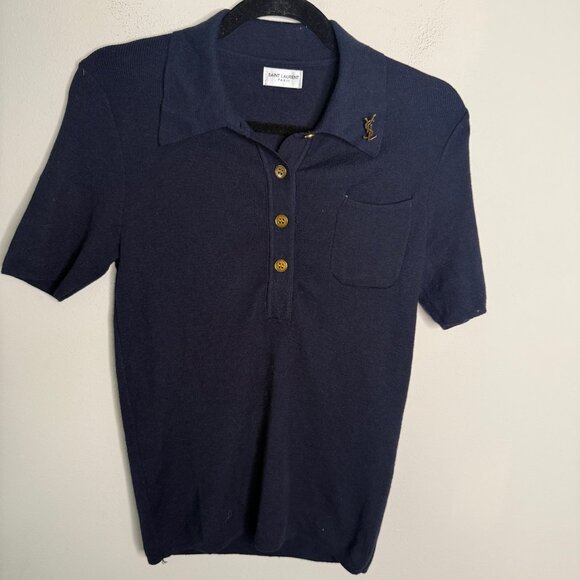 Yves Saint Laurent Blue Vintage Quarter Button Logo Pin Polo Short Sleeve authen - Picture 1 of 4